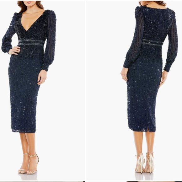 MAC DUGGAL 93593 SEQUIN LONG bishop SLEEVE MIDNIGHT NAVY MIDI DRESS sz 20 - Picture 3 of 3